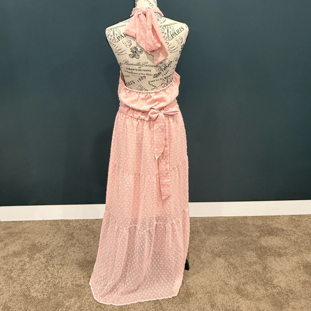 PRETTYGARDEN NWT Pink Swiss Dot Halter Maxi Dress Tiered Boho Wedding Guest XL - Picture 3 of 6